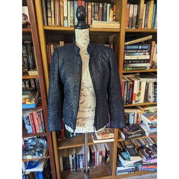 Lafayette 148 new York zip up wool/ poly blend jacket blue metallic finish euc 4 - Picture 3 of 9